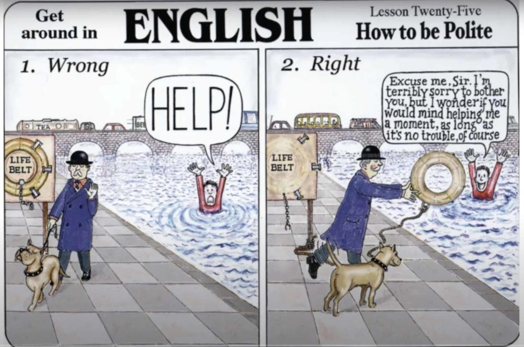 Cartoon about how to be polite in English.