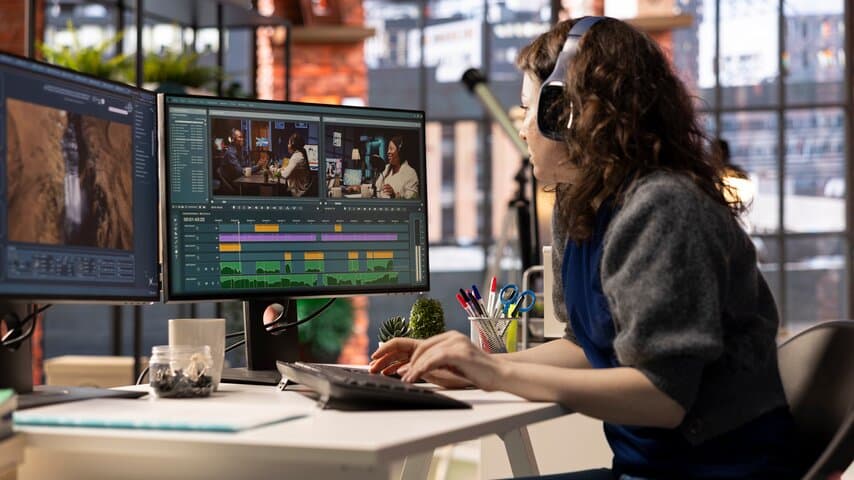 female filmmaker working media post-production from agency office
